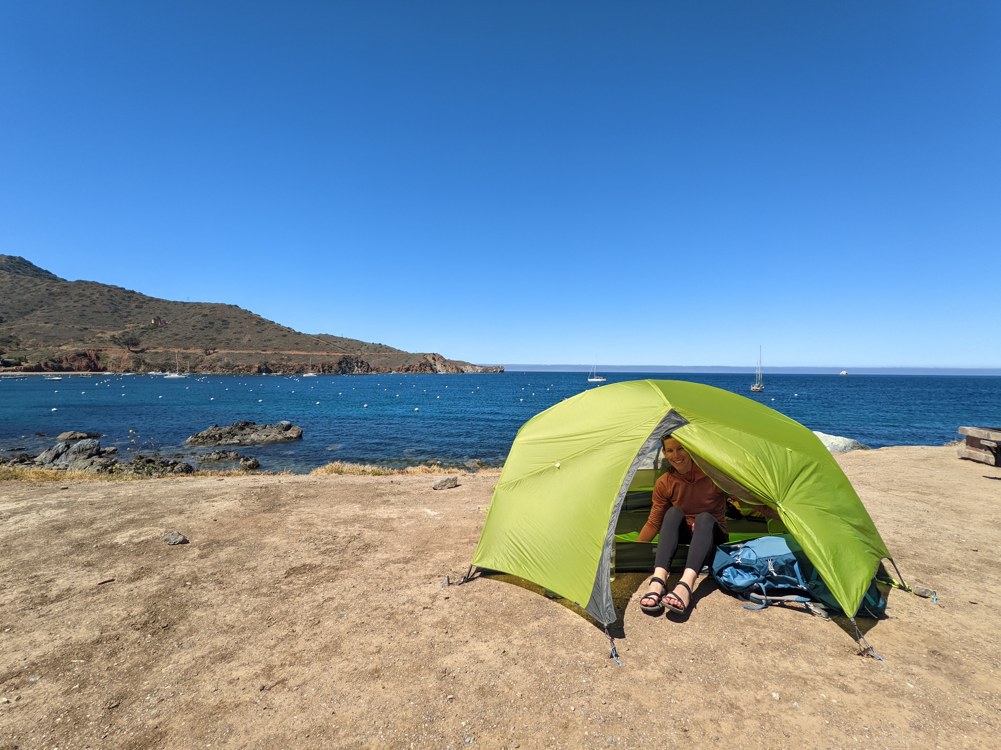 Sasha in the tent at Two Harbors