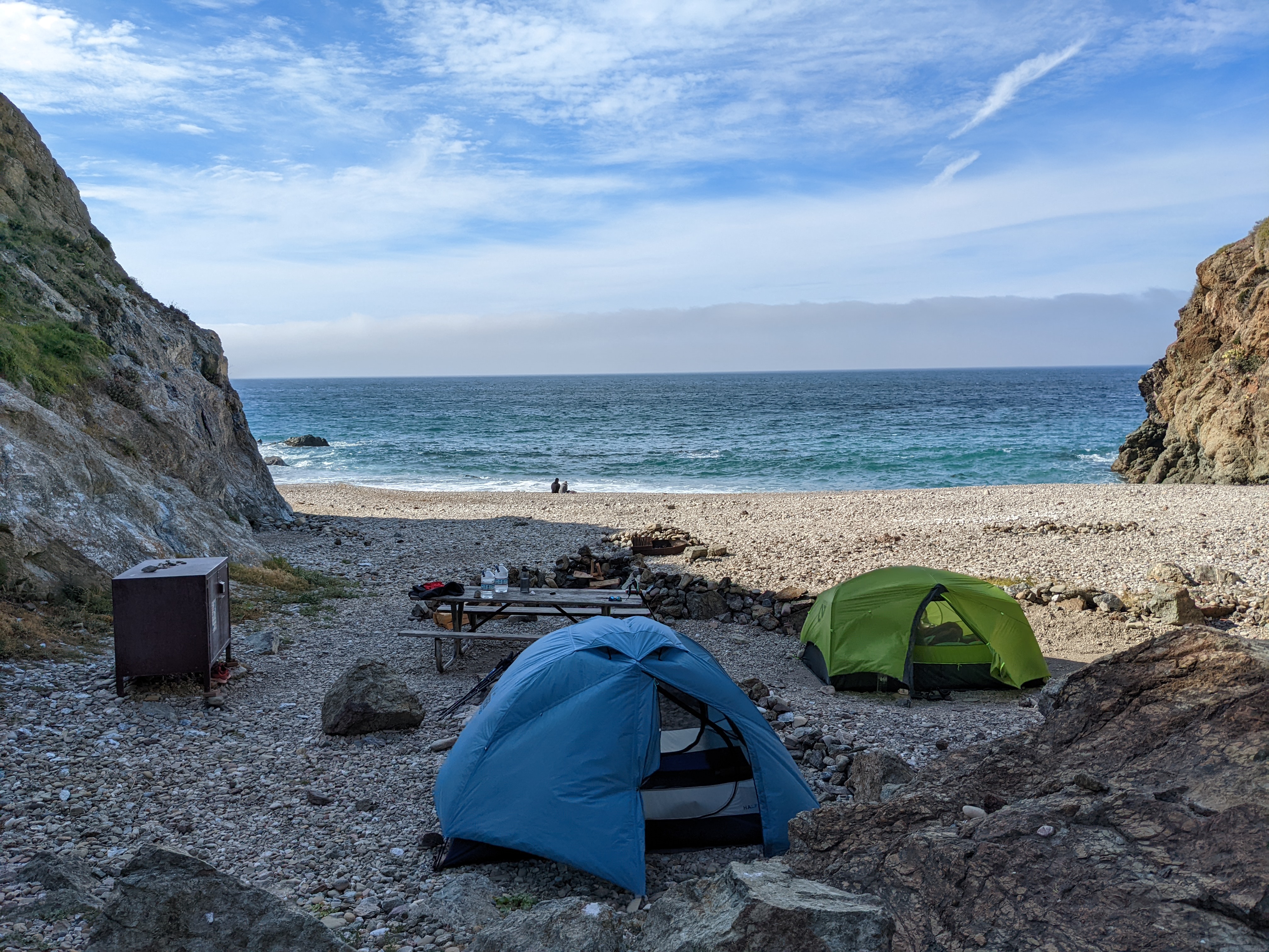 Two tents on the beach at parson&rsquo;s landing